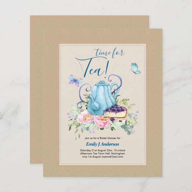 Teapot Bridal Shower Teatime Afternoon Tea Invites (Front/Back)