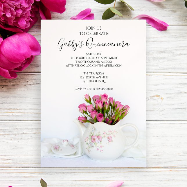 Teapot filled with Pink Roses Quinceanera Party Invitation (Creator Uploaded)