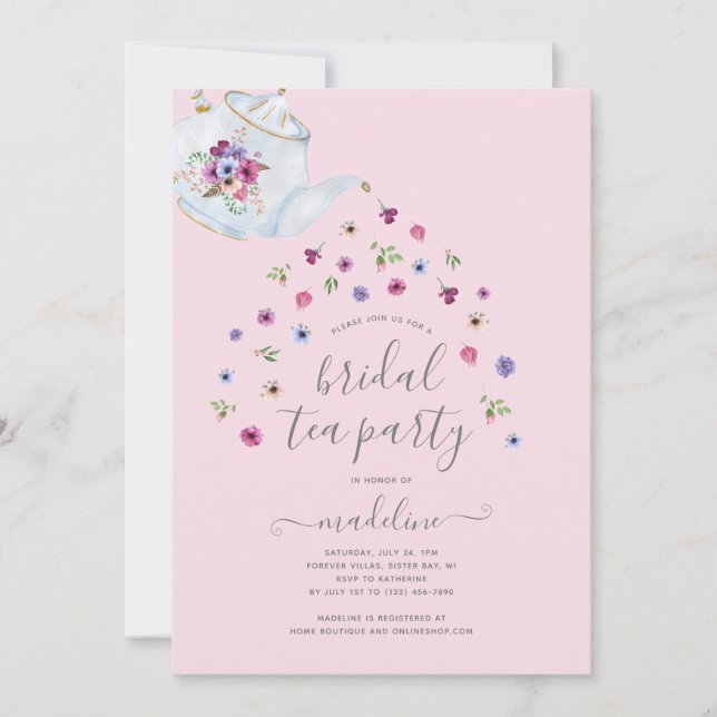Teapot Floral Bridal Shower Tea Party Invitation (Front)