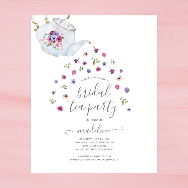 Teapot Floral Bridal Shower Tea Party Invitation Flyer (Creator Uploaded)