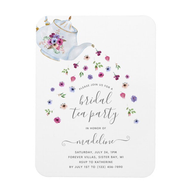 Teapot Floral Bridal Shower Tea Party Invitation Magnet (Vertical)