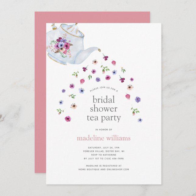 Teapot Flowers Bridal Shower Tea Party Invitation (Front/Back)