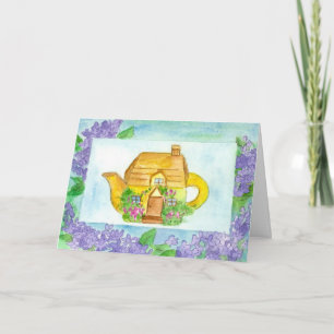 Teapot Lilac Watercolor Flowers Happy Birthday Card