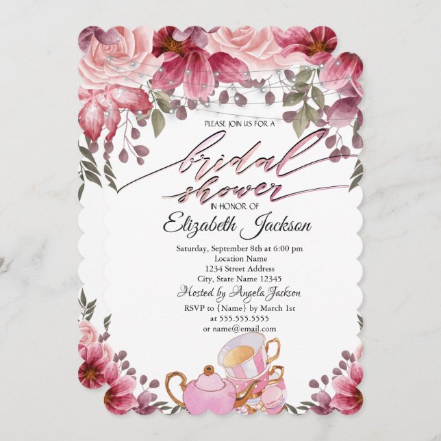 Teapot Macaron String Lights Floral Bridal Shower Invitation (Front/Back)