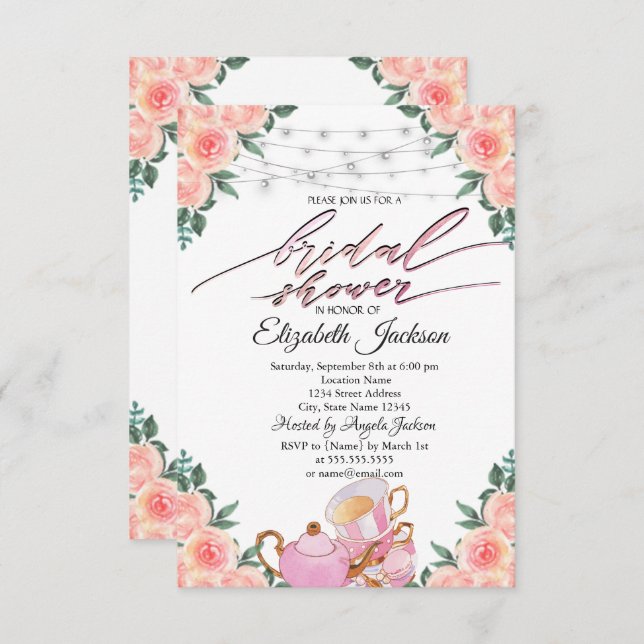 Teapot Macaron String Lights Roses Bridal Shower Invitation (Front/Back)