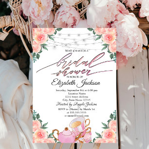 Teapot Macaron String Lights Roses Bridal Shower Invitation