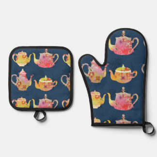 Teapot oven mitts mitt & pot holder set