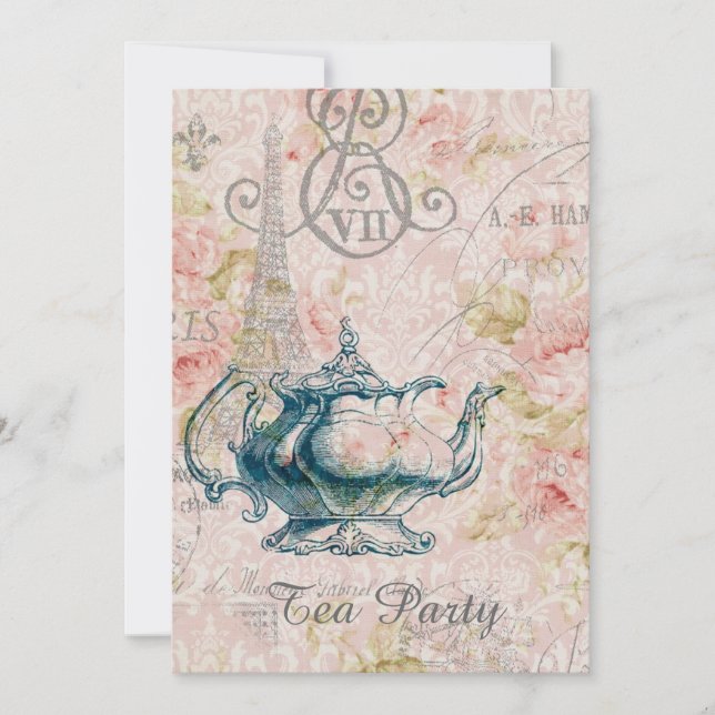 teapot paris eiffel tower vintage tea party invitation (Front)