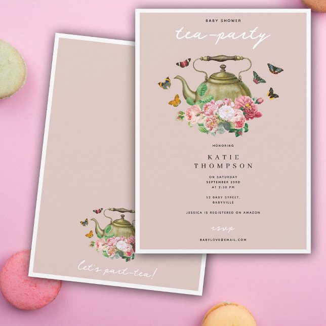 Teapot Party Pink Floral Butterflies Baby Shower Invitation (Teapot Party Pink Floral Butterflies Baby Shower Invitation)