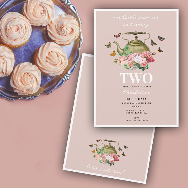 Teapot Party Pink Floral Butterflies Girl Birthday Invitation (Teapot Party Pink Floral Butterflies Girl Birthday Invitation)