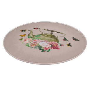 Teapot Party Pink Floral & Butterflies Kettle Cutting Board