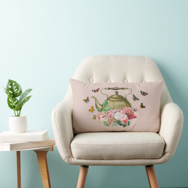 Teapot Party Pink Floral & Butterflies Kettle Lumbar Cushion (Chair)
