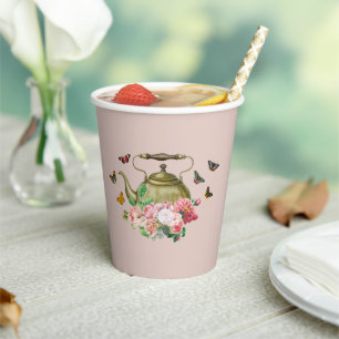 Teapot Party Pink Floral & Butterflies Kettle Paper Cups