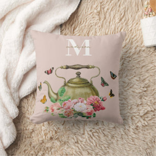Teapot Party Pink Floral & Butterflies Monogram Cushion