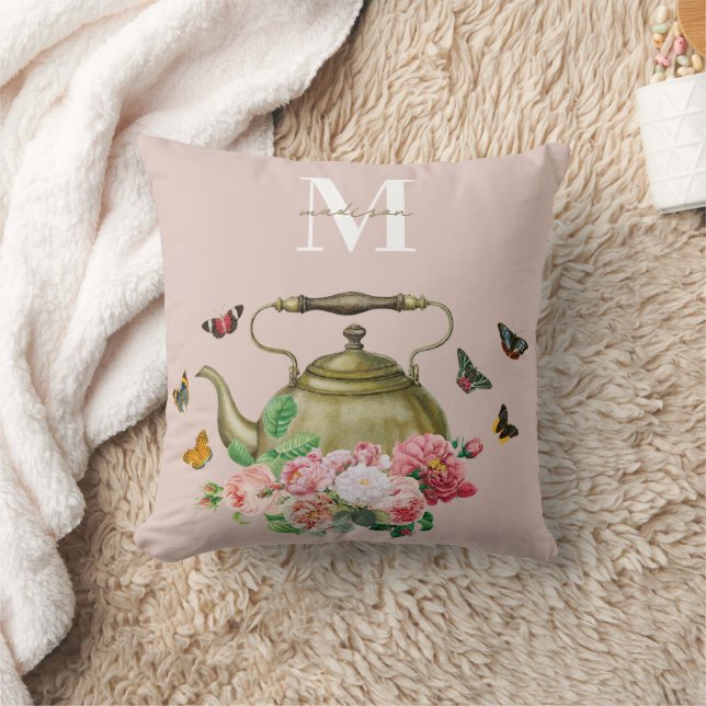 Teapot Party Pink Floral & Butterflies Monogram Cushion (Blanket)