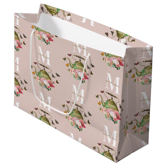 Teapot Party Pink Floral & Butterflies Monogram Large Gift Bag (Front Angled)