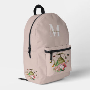 Teapot Party Pink Floral & Butterflies Monogram Printed Backpack