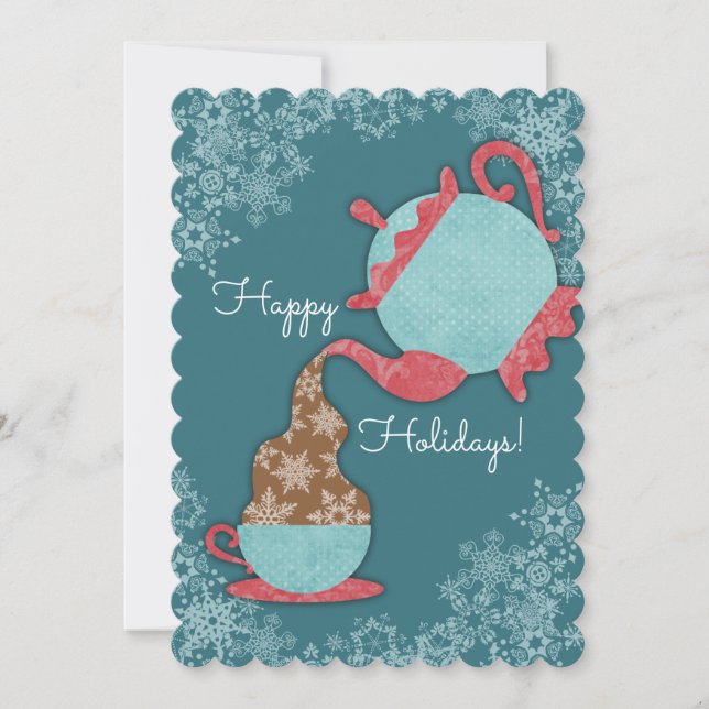 Teapot pouring snowflakes in tea cup Christmas Holiday Card (Front)