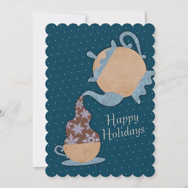 Teapot pouring snowflakes in tea cup Christmas Holiday Card (Front)