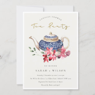 Teapot Red Floral Couples Shower Tea Party Invite