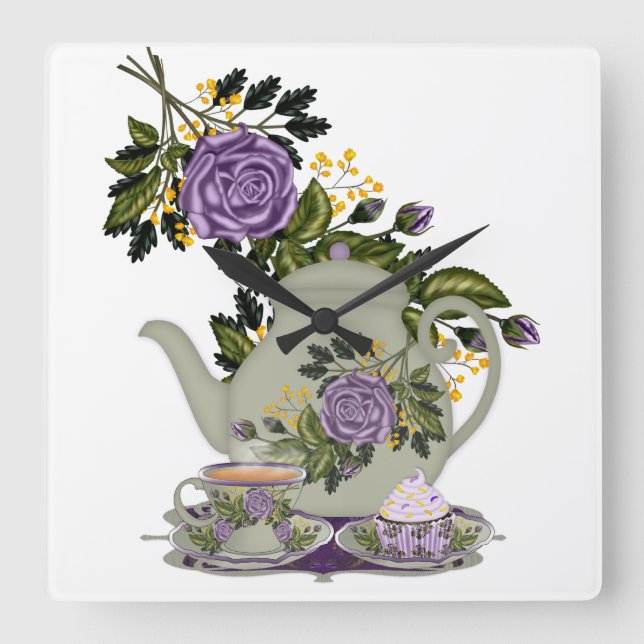 teapot, roses, cupcake, teacup kitchen clock (Front)