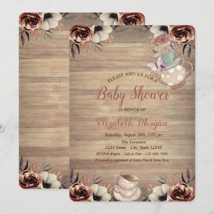 Teapot Tea cup Flowers Wood Baby Shower  Invitation