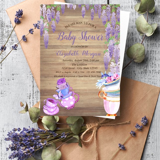 Teapot Tea cup Wisteria Wood Glitter Baby Shower  Invitation (Creator Uploaded)