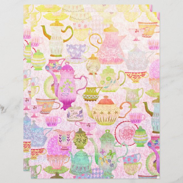 Teapot,teacup and saucers vintage scrapbook paper (Front/Back)