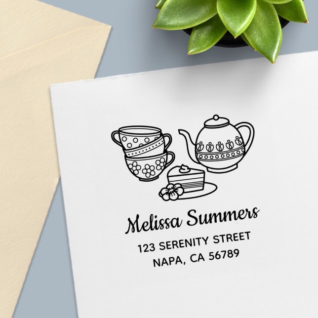 Teapot, Teacups, and Cake Address Self-inking Stamp (Creator Uploaded)