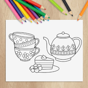 Teapot, Teacups, and Cake Colouring Page Rubber Stamp