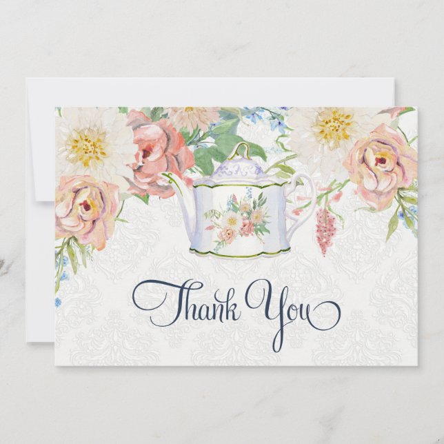 Teapot Thank You Note Dusty Blue Blush Pink Floral Card (Front)