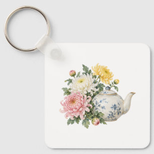 Teapot with Chrysanthemums Key Ring