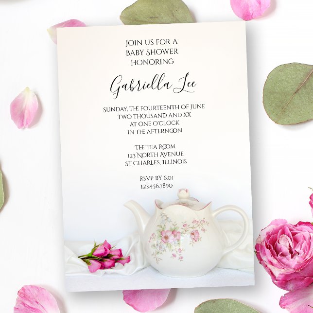Teapot with Pink Roses Baby Shower Invitation (Creator Uploaded)