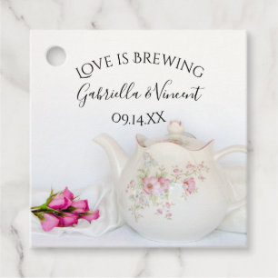Teapot with Pink Roses Love is Brewing Wedding Favour Tags