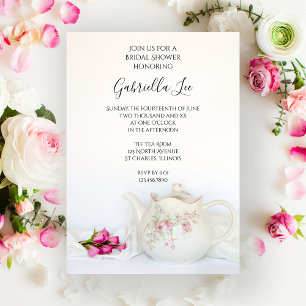 Teapot with Pink Roses Tea Party Bridal Shower Invitation