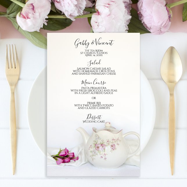 Teapot with Pink Roses Wedding Menu (Creator Uploaded)