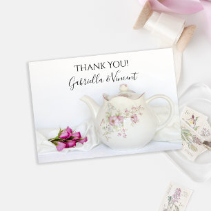 Teapot with Pink Roses Wedding Thank You Note Card
