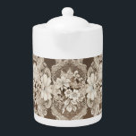 Teapot with Vintage Lace Cream & Dark Brown<br><div class="desc">Teapot with cream and a dark brown faux lace design with a tiny amount of a light blue in some of the flowers.   Thanks to Creative Fabrica for some of the elements in the design.</div>