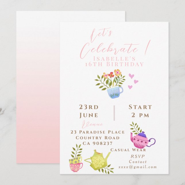 Teapots and Cups  Birthday Announcement (Front/Back)