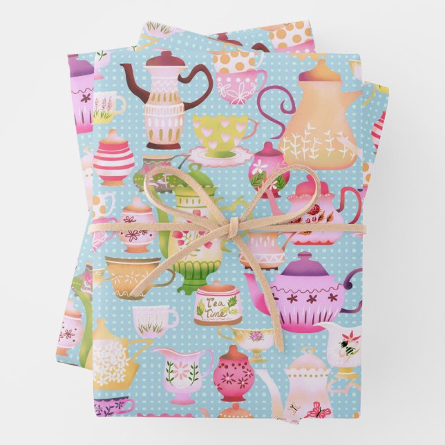 Teapots and Cups Blue  Wrapping Paper Sheet (In situ)