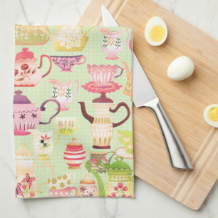 Teapots and Cups Green Kitchen Towels