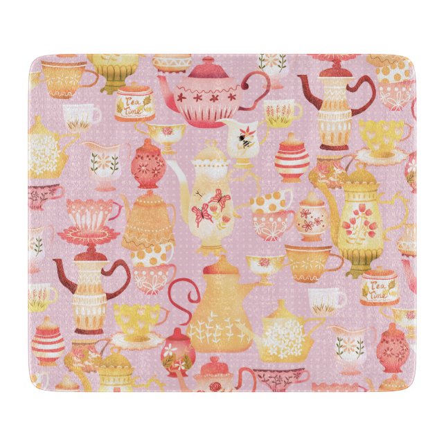 Teapots and Cups Peach Cutting Board (Front)