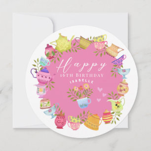 Teapots and Cups Pink Birthday Holiday Card