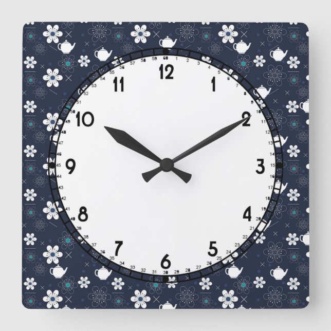 Teapots and Flowers Square Wall Clock (Front)