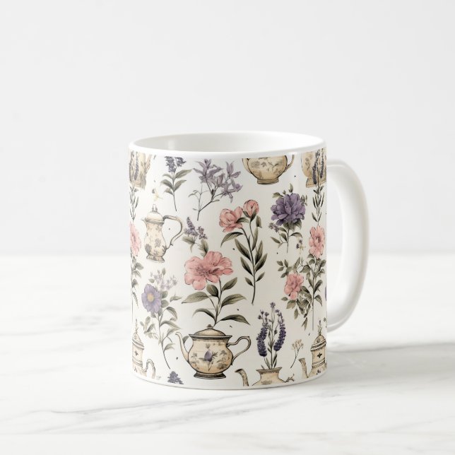 Teapots and Garden Flowers – Charming Pattern Coffee Mug (Front Right)