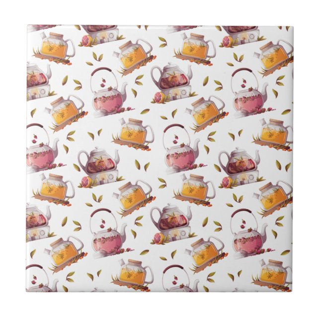 Teapots and Tea Leaves Watercolor  Ceramic Tile (Front)