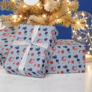 Teapots, Cups, Colourful Berries On Light Blue Wrapping Paper