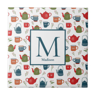 Teapots Mugs Berries Pattern Monogram Christmas Ceramic Tile