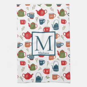 Teapots Mugs Berries Pattern Monogram Christmas Ki Tea Towel