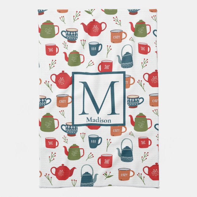 Teapots Mugs Berries Pattern Monogram Christmas  Tea Towel (Vertical)